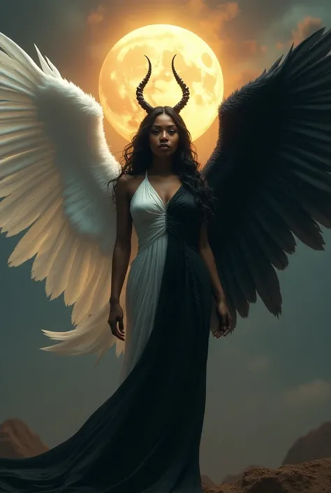 A fat woman half white angel half black angel behind her white angel side behind her white angel side a sun on the black angel side a full moon ultra-realistic 16 k image
We see the whole woman 