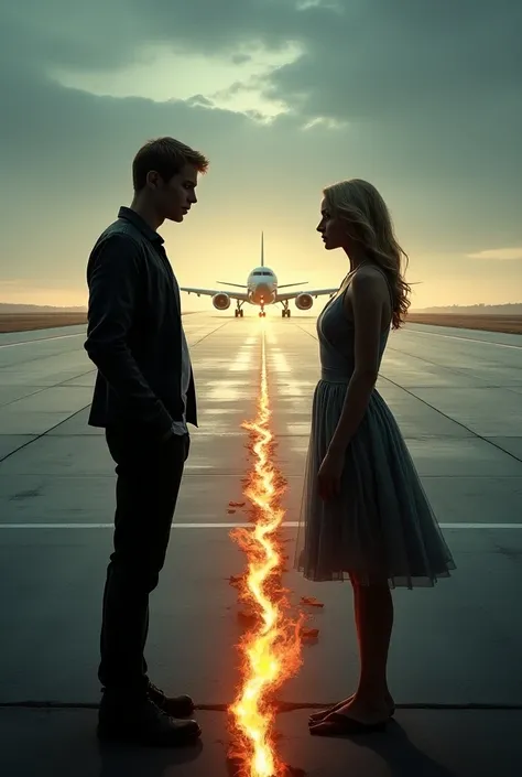 The cover of a book.

The shadow of a man and a woman looking face to face but at a moderate distance on an airplane runway.

The man is a blond boy and the girl is also a blonde

In the middle of both a crack and at the bottom of the track some flames of ...