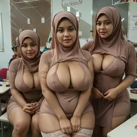 (ernifarini), two horny moms, big boobs , lace red bra, busty hard breasts, curvy plump body, wearing wide hijab, transparent dress, full body photo, in a classroom full of students, 