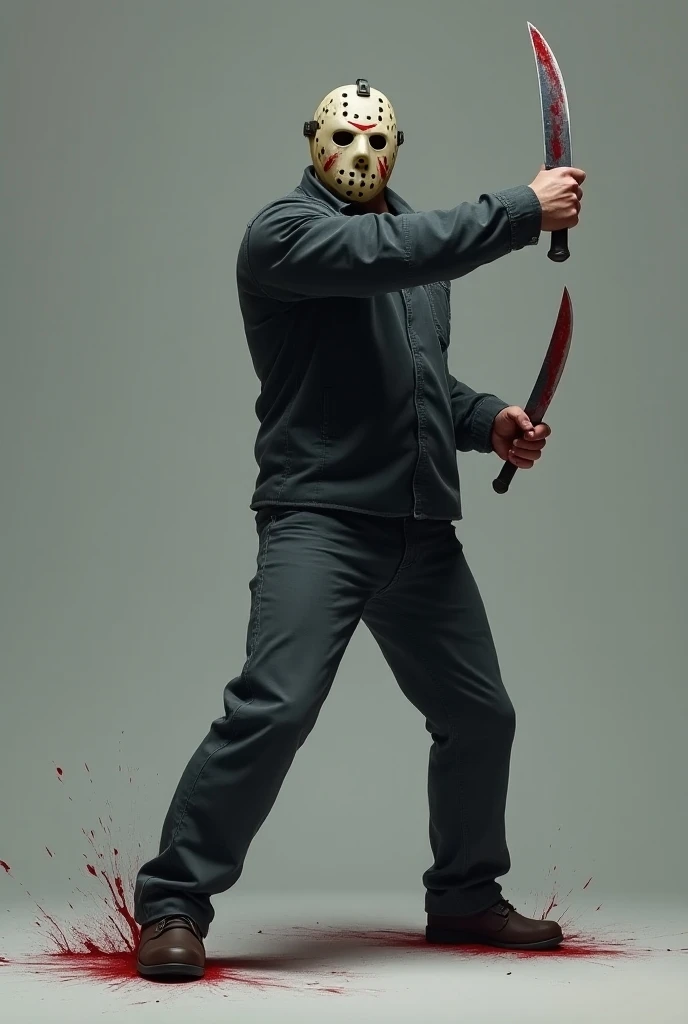  Draw Jason Voorhees from Friday, The 13th” ,  half tall ,  with a knife in hand ,  is not very realistic , on a gray background , as if hes swinging to hit , , the knife in the card should be fully visible, medium knife with blood ,  blood can be seen nea...