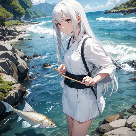 anime, Cute, Japanese, kaguya, longo white hair with bangs, Gray eyes, small, white dress, tight clothes, Girl fishing fish ,  very detailed and beautiful beach scenery,  feeling nostalgic 