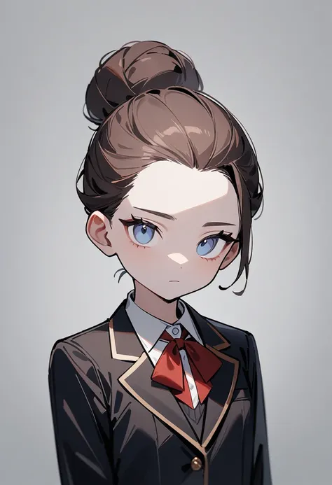 1girl, solo, teen, vampire,(dark brown hair,hair pulled back, single hair bun, hair-bun) , forehead, sharp sky blue eyes, petite, flat chest, expressionless, upper_body, facing viewer, school uniform, elegant, rich , blazer, neutral background, newest, mas...