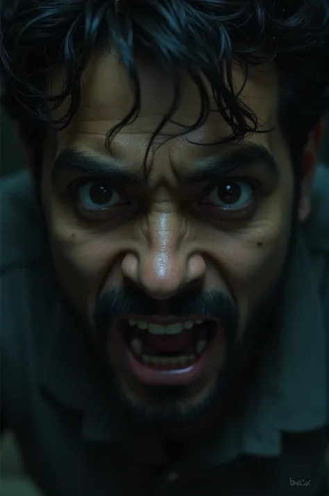 A close-up of the protagonist’s fearful face as he hears someone whispering "paani" repeatedly.
