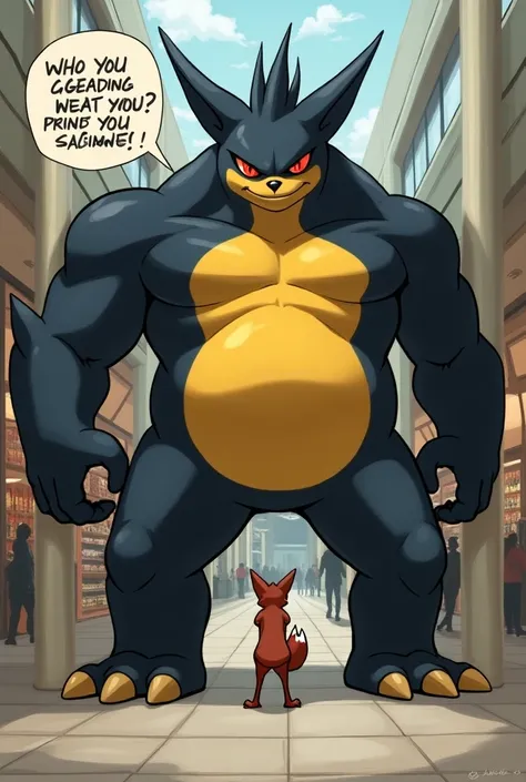 luxray jacked gigantic 9930ft , oversized bulge & dick speech bubble english text, skinny body huge size difference ,fox skinny focus, pinned against the wall at the mall. above view.