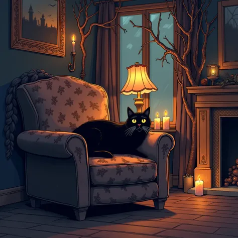 A warm, dimly lit living room scene with a spooky garland, candles, and an armchair draped in a cozy skeleton blanket, with a black cat on the armrest. thick lines coloring pages style