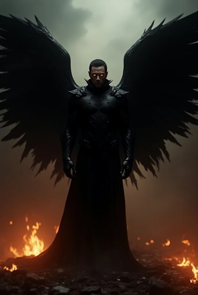 Lucifer,  imposing and surrounded by shadows , with black wings spread out ,  looking out from an abyss of fire and darkness