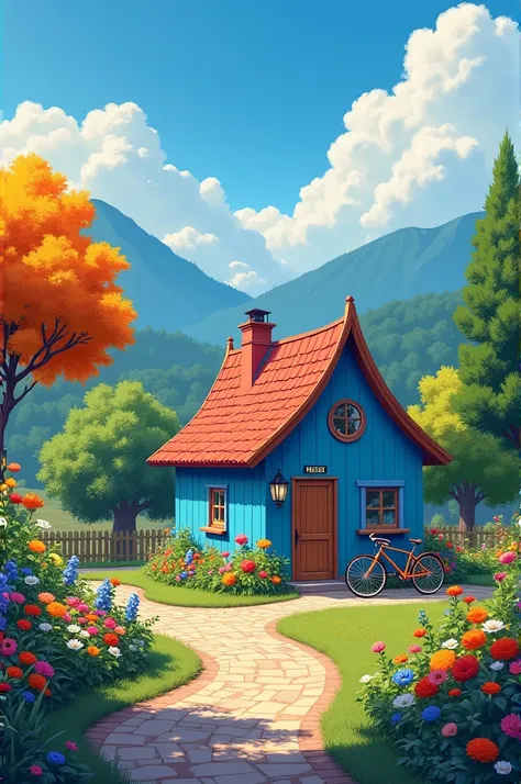 This picture is a painting of a small blue house! 🏡❤️ The house has a red tiled roof and a wooden door. Surrounding the house is a garden filled with colorful flowers and trees. 🌸🌳 In front of the house, there’s a cobblestone path leading to the entrance. ...