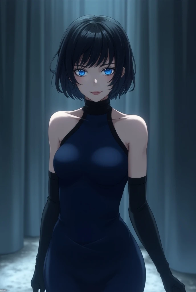 A small woman with short black hair has bright blue eyes that reflect coldness, power and control. . She has a smile that shows satisfaction and dark intentions and is dressed in an elegant small dark blue dress with black touches and has black gloves that...