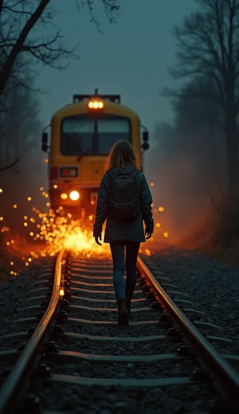  The young woman stumbles when she dodges the wreckage that spreads along the railway line. She is gasping for breath and looks back ,  still frightened by what just happened .  Parts of the train are scattered on the floor ,  sparks and small flames begin...