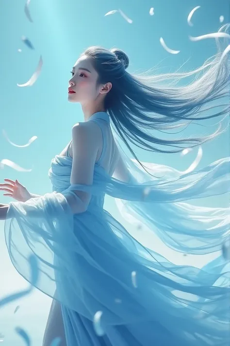 ((High quality,  quality, best quality, extreme details, masterpiece details eyes)), a sky full of silk ribbons flowing background (light blue), a beautiful oriental girl (20 years old), oval face, long blue hair shawl (elegant ), bright red phoenix eyes, ...