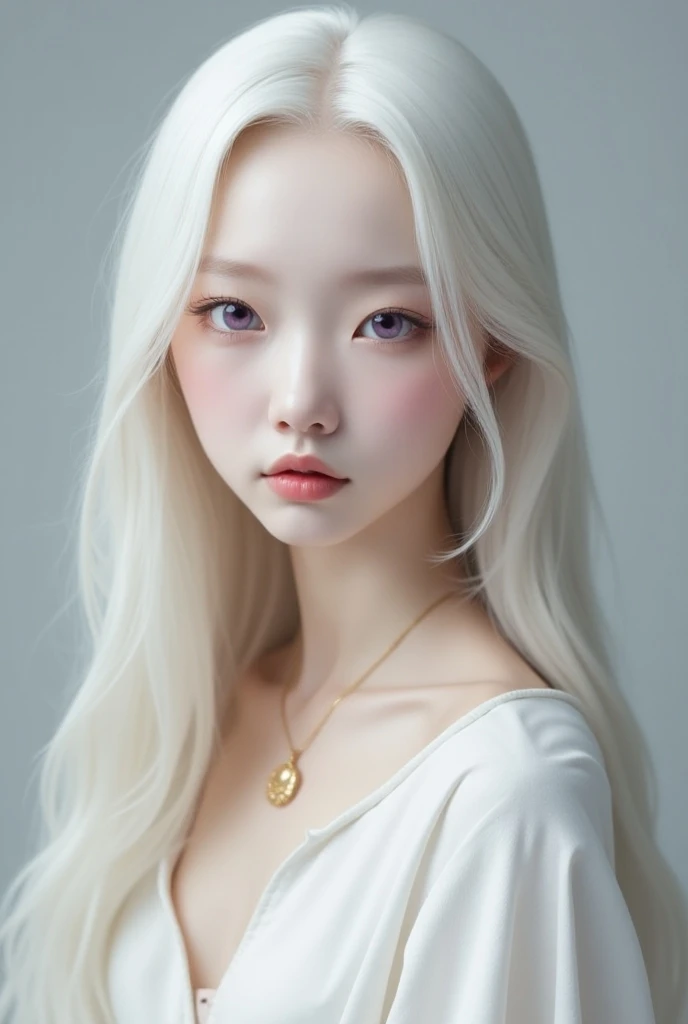 Now do a Korean with albinism, Without the black hair root, , With a more realistic lilac eye, long hair, WITHOUT THE BLACK ROOT and with the most mature appearance
