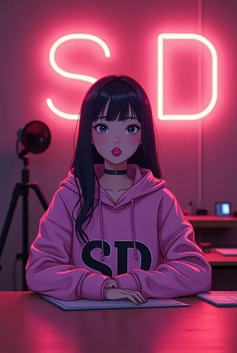  Modern YouTube aesthetic with lighting professional to highlight avatar {x} Create a female anime-friendly looking character that looks attractive and gorgeous.  She has a beautiful face and is wearing a pink sweatshirt with the channel name  "SD" In it. ...