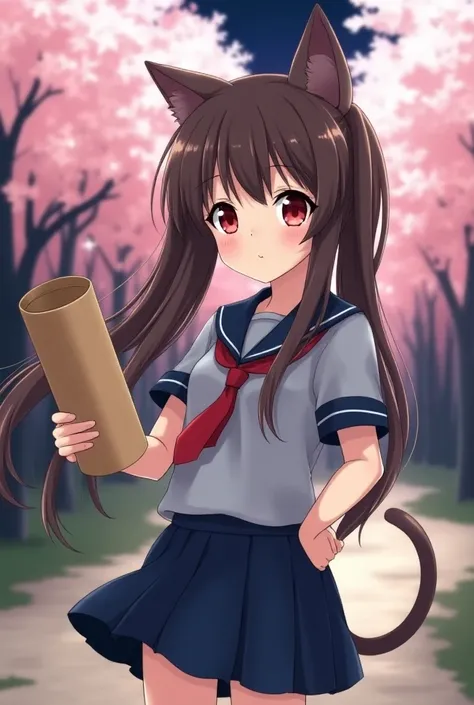 Cute Anime, brown haired girl in extremely long pigtails with black eyes and red pupils, school uniform (a gray short sleeve with a red tie, blue skirt) and cat ears, not a , also with a huge cardboard tube she loves, in the calm woods full with cherry blo...