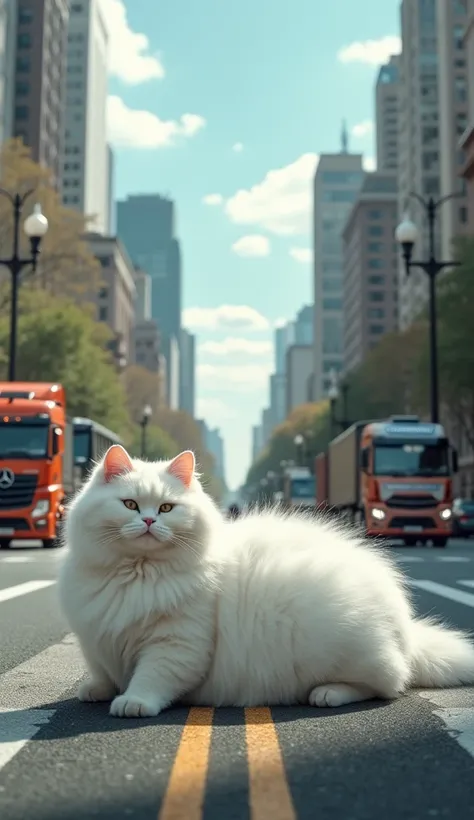 Big round belly white cat lying down in the middle of city road