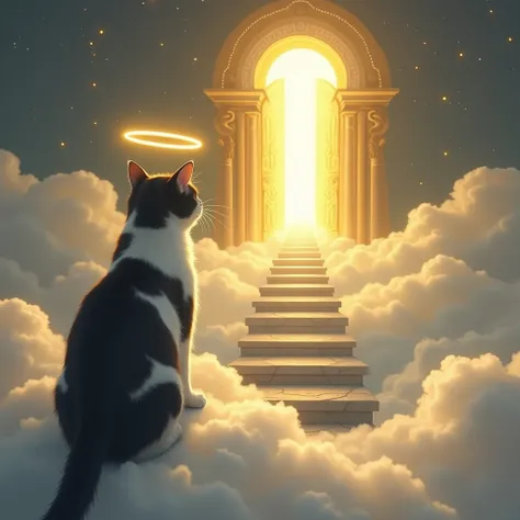 ( foreground, near the base ) image of an adult furry black and white cat with spots, seen from the back and on a cloud , with a halo.( background - continuity )  In front of you a staircase climbing to the golden gates of heaven.  The gate is slightly ope...