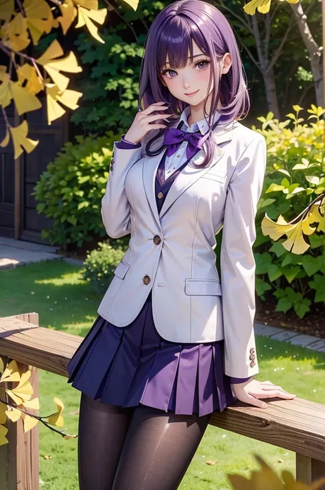 ( best quality , high definition,8k,inelity detailed background, Masterpiece:1.2),beautiful girl,( glossy purple hair :1.3),(long hair:1.2) ,bob cut,Beautiful purple eyes,autumn,school uniform,blazer,skirt,black tights,(zettairyoiki:1.2),Gentle look,A refr...