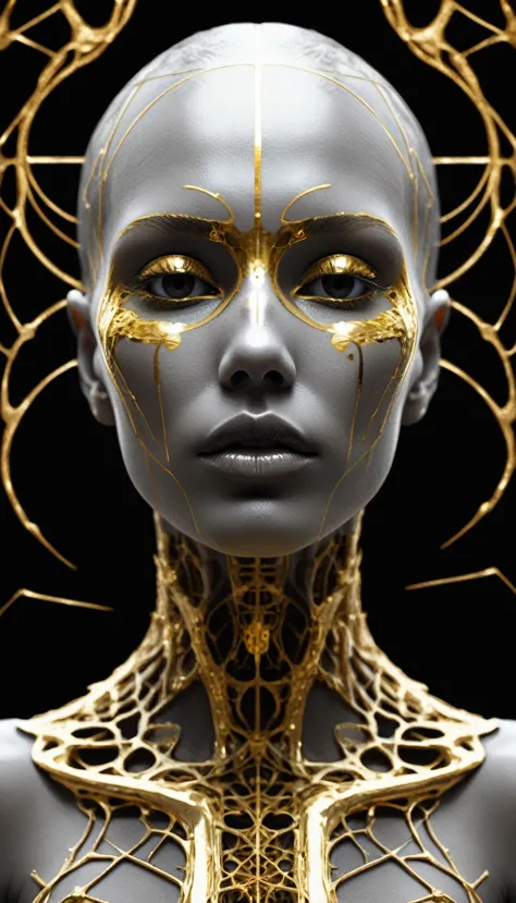 ((anthropomorphic geoglyphs)), a gray and gold photo of a goddes of death body, digital art, generative art, abstract painting, ...