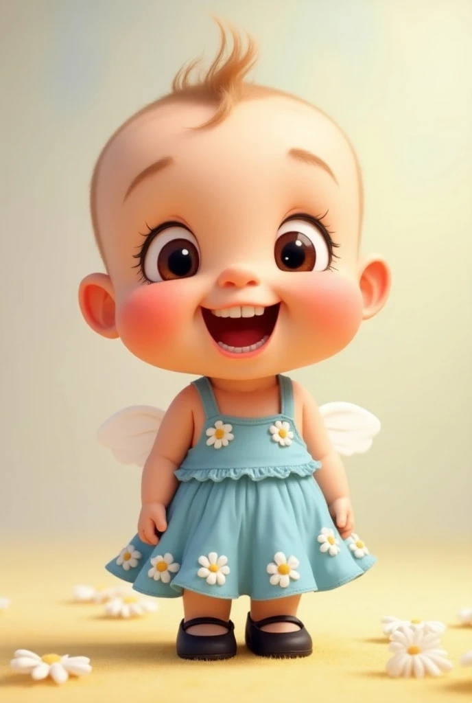 create a Disney-style image of a one-year-old baby with no hair, brown eyes and a toothless smile, wearing a blue dress with daisies and black ballet flats