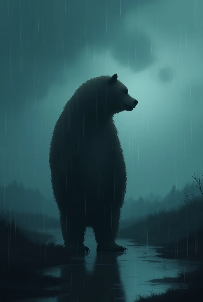 Make me an animated image where you find a single bear ,  on a rainy, dark day where your heart aches