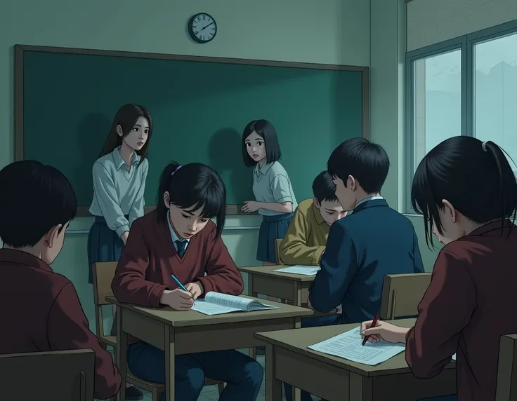 young people in a classroom ,  with shades of cold and monotonous colors, with a realistic aesthetic and that the point of view is from a corner