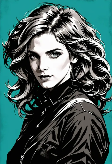 emma watson a woman in a ?, outline,  black and white and amber situation for teal color palette, detailed features, , vintage s...