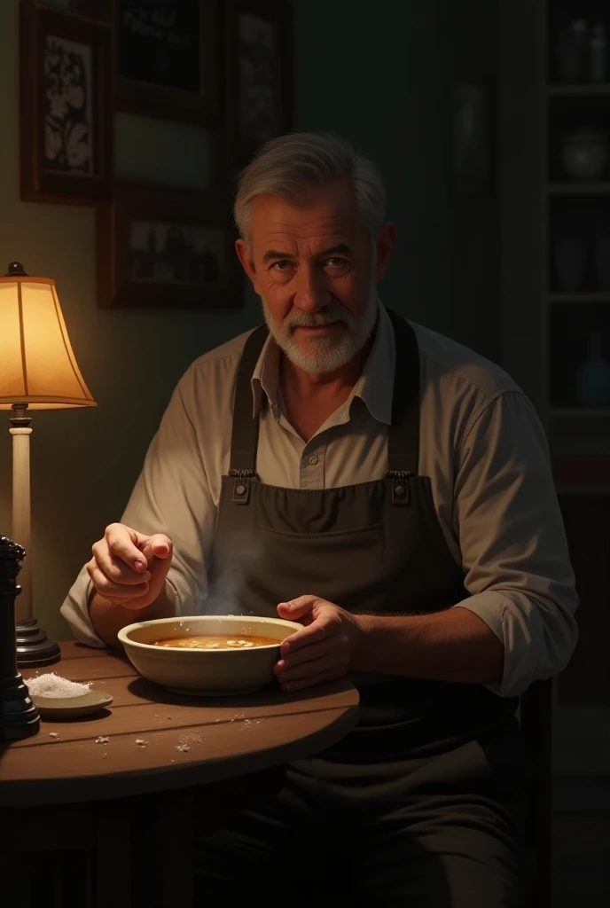 A man sitting with a bowl of soup in his hand and salt in the other