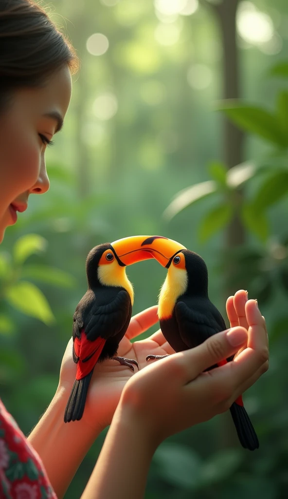  with baby toucans: A smiling  holds two small, colorful toucans. The image emphasizes the ’s delicate hands gently touching the birds. In the background, a tropical forest with vibrant colors and soft lighting