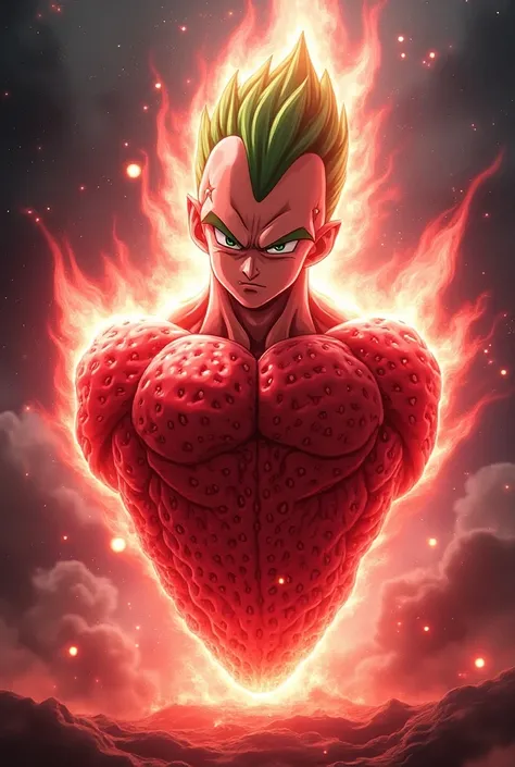 Draw a legendary mythical strawberry with rays around super Sayayin with Vegetas face 