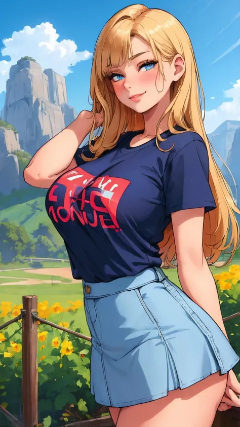 (masterpiece, best quality:1.4), (8K), Young brunette beauty, (((18 years old, neat girl))), detailed blue eyes, long eyelashes, blush, kind smile, upper body, large breasts, huge , cleavage, (t-shirt), mini skirt, (from side), (looking at viewer), beautif...