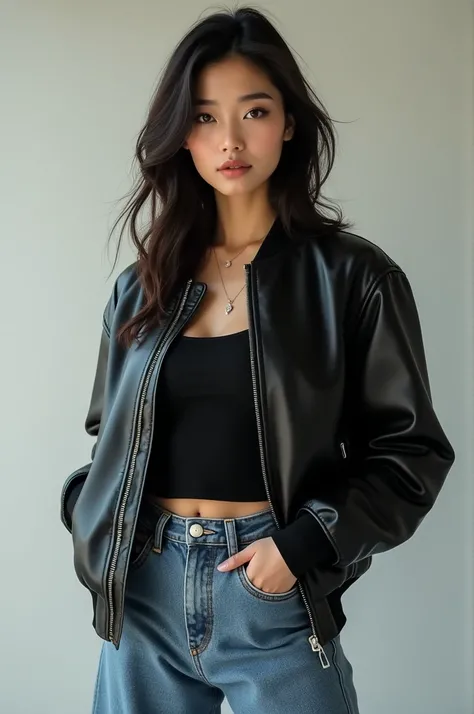 Beautiful asian woman in the leather bomber oversize jacket and jeans wide leg