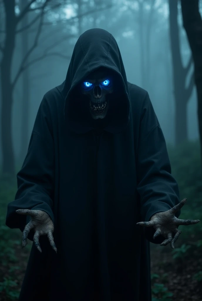 a cloaked figure with glowing blue eyes, sharp metal teeth, and long branch-like fingers in the foggy night forest, highest detail, highest definition, highest quality
