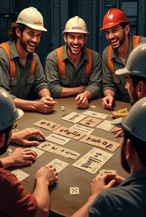 I want a realistic illustration of rig workers playing my cardgame "Rig ventures". The cards are on the table and they are laughing and enjoying themselves.  Its only cards, no board, nothing.  Put the text "RIG VENTURES" above.  Dont show the front of the...