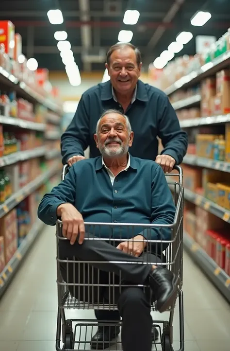 Create a highly realistic, ironic scene in a supermarket where Brazilian politicians Lula and Bolsonaro are shopping together. Bolsonaro is pushing a shopping cart, and Lula is sitting inside the cart with a humorous, exaggerated expression. Both are dress...