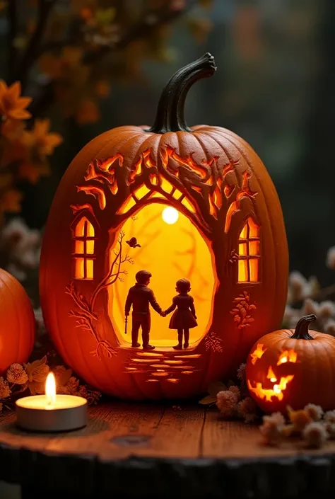 Delicate and intricate pumpkin carving scenes. Sculptures require an expert and intricate design, with natural elements such as leaves, vines and the entrance to the house decorated for Halloween, with children in costume asking for sweets at the door. The...