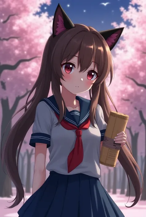 Anime, brown haired girl in extremely long pigtails with black eyes and red pupils, school uniform (a gray short sleeve with a red tie, blue skirt) and cat ears, not a , also with a huge cardboard tube she loves, in the calm woods full with cherry blossom ...