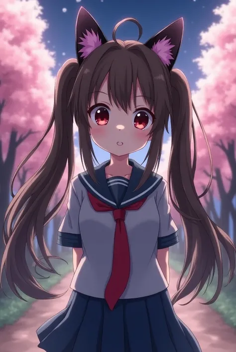 Anime, brown haired girl in extremely long pigtails with black eyes and red pupils, school uniform (a gray short sleeve with a red tie, blue skirt) and cat ears, not a , also with a huge cardboard tube she loves, in the calm woods full with cherry blossom ...