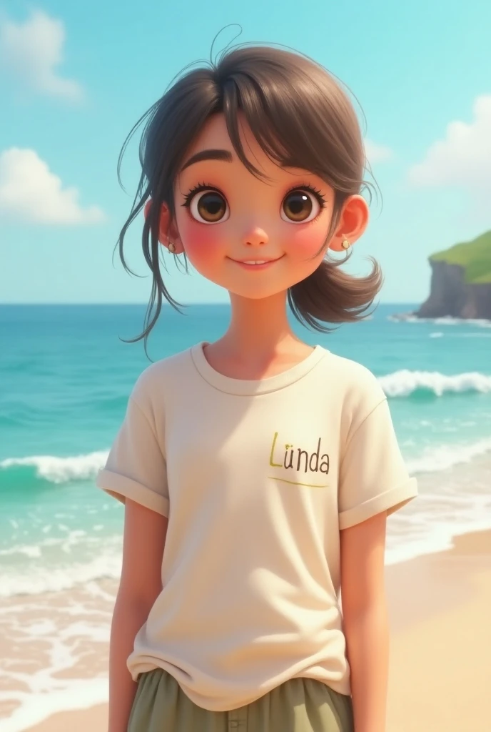 A sweet girl named her t shirt as Linda on right side of the t shirt. Background is sea