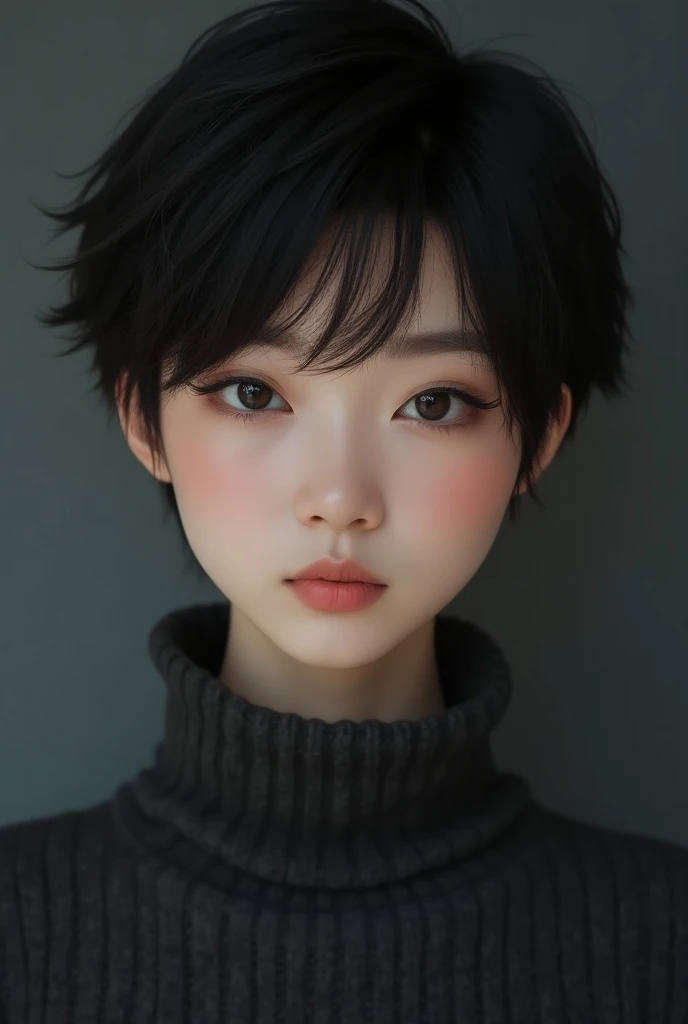 (photorealism:1.2), japanese woman, 30 years old, pixie haircut, portrait from the waist upwards, frontal view, dark grey turtleneck top, hyperrealistic, best resolution, realistic, intricate details