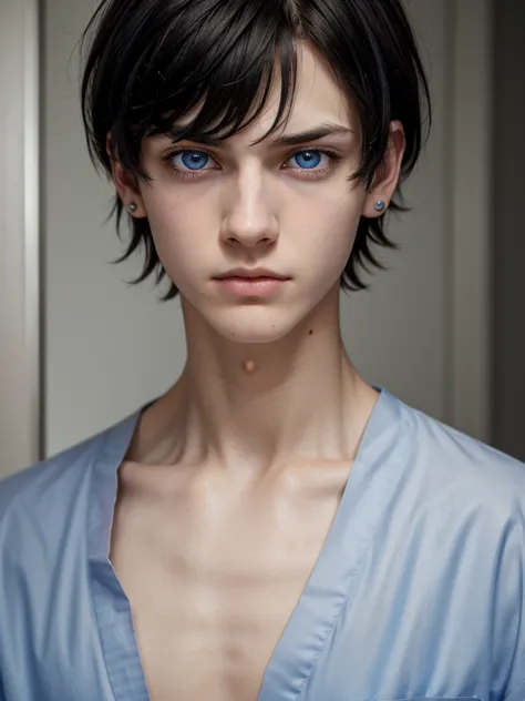 (best quality), 1boy, male, pale skin, black hair, short hair, tousled hair, messy bangs, bangs over eyes, blue eyes, perfect ey...