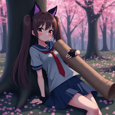 Anime, brown haired girl in extremely long pigtails with black eyes and red pupils, school uniform (a gray short sleeve with a red tie, blue skirt) and cat ears, not a , also with a huge cardboard tube she loves, in the calm woods full with cherry blossom ...