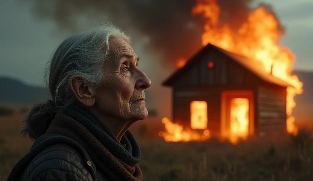 realistic image, 4K, cinematic "Vlose in Julia, an old woman,  while her house is on fire in the background.