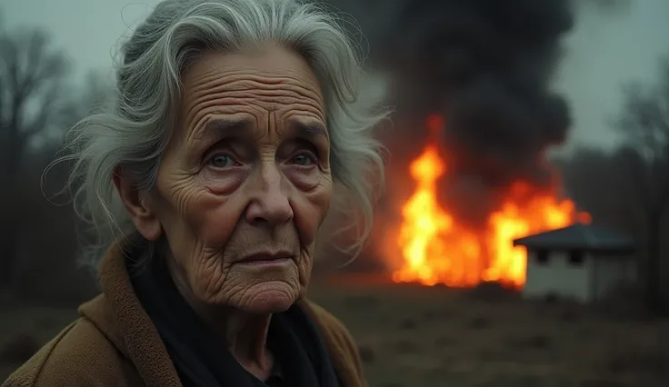 realistic image, 4K, cinematic "Vlose in Julia, an old woman, While in the background your house in the city catches fire.