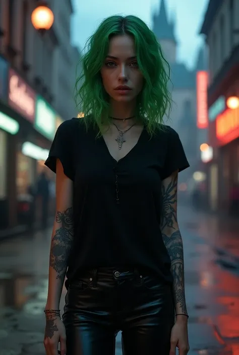 1 Ultra realistic Vampire woman Caucasian skin, green hair half curly above the shoulders, 1.75 meters tall, medium height, tattooed, with black leather pants, black t-shirt, background a Futuristic Cyber ​​Gothic city with neon lights and castles, front p...