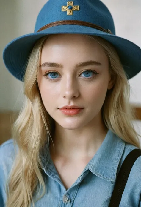 NOT Dasha Taran, amazingly beautiful woman, blue eyes, focus on eyes, small cross insignia perfectly aligned with hat, natural blonde hair, photoshoot, photo studio, RAW photo, editorial photograph, film stock photograph, cinematic, posing, amateur photo, ...