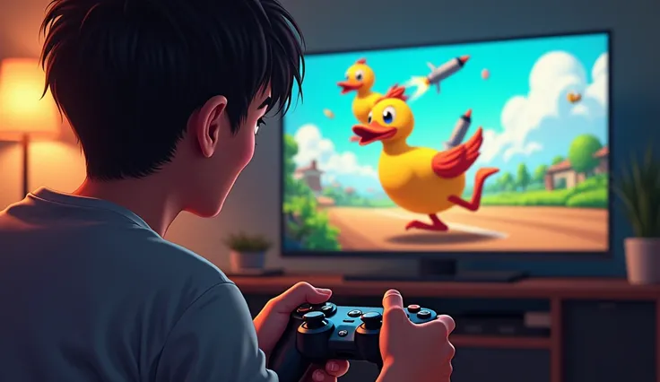 Neo in the Gaming Race

"A tense scene with Neo, a young man, gripping a gaming controller, his face contorted with concentration. On the screen, cartoon-like ducks are racing in a vibrant setting, with one duck just launching a missile. His opponent’s duc...