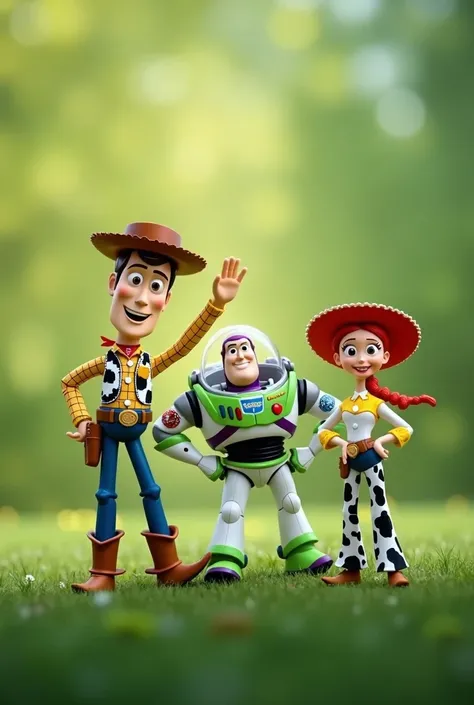 Give me an image of Woody Jessie and Buzz Lighyear characters with a green background and with the text from list 1