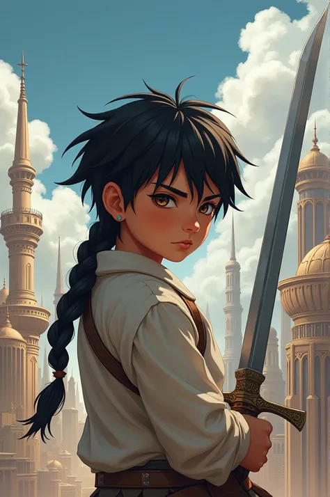 Boy with short black hair but with a big braid on the back ,  brown eyes,  looks serious and is in a futuristic and at the same time Arabian city with a sword tied to his right hand and pointing it upwards