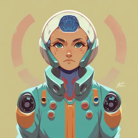 (masterpiece,best quality,ultra detailed,ultra high res,detailed background),((cyberpunk)),((flat color)),((colorful)),(1girl),pilot,pilot helmet,pilot jacket,looking at viewer,solo,upper body,colored background,high contrast,contrasting colors,cowboy shot...