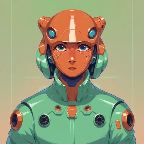 (masterpiece,best quality,ultra detailed,ultra high res,detailed background),((cyberpunk)),((flat color)),((colorful)),(1girl),pilot,pilot helmet,pilot jacket,looking at viewer,solo,upper body,colored background,high contrast,contrasting colors,cowboy shot...