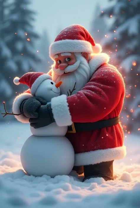 The cute snowman, his eyes shining with determination, leans in to hug Santa. His muscles, though small, arms tremble as his aura of white and red energy lights up. Sparks shoot from his body as he channels his power into his father.. The animation shows e...